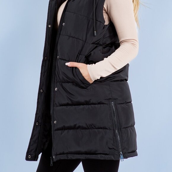 HIgh Collar Sleeveless Puffer Vest with Adjustable Drawstring Hood Fur Lined - Picture 7 of 8